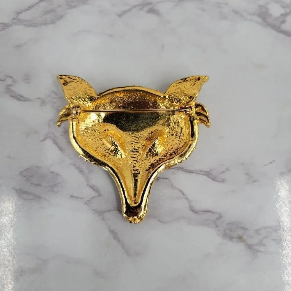 Vintage Fox Brooch Gold Toned Black Enamel Rhinestones